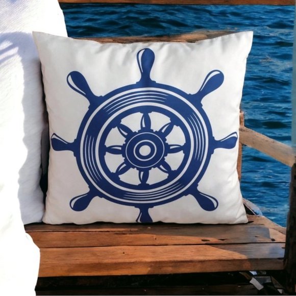 Coastal Pillow Cover Ship Wheel Nautical Beach Decor Square 17.7 in Blue White - Picture 7 of 12